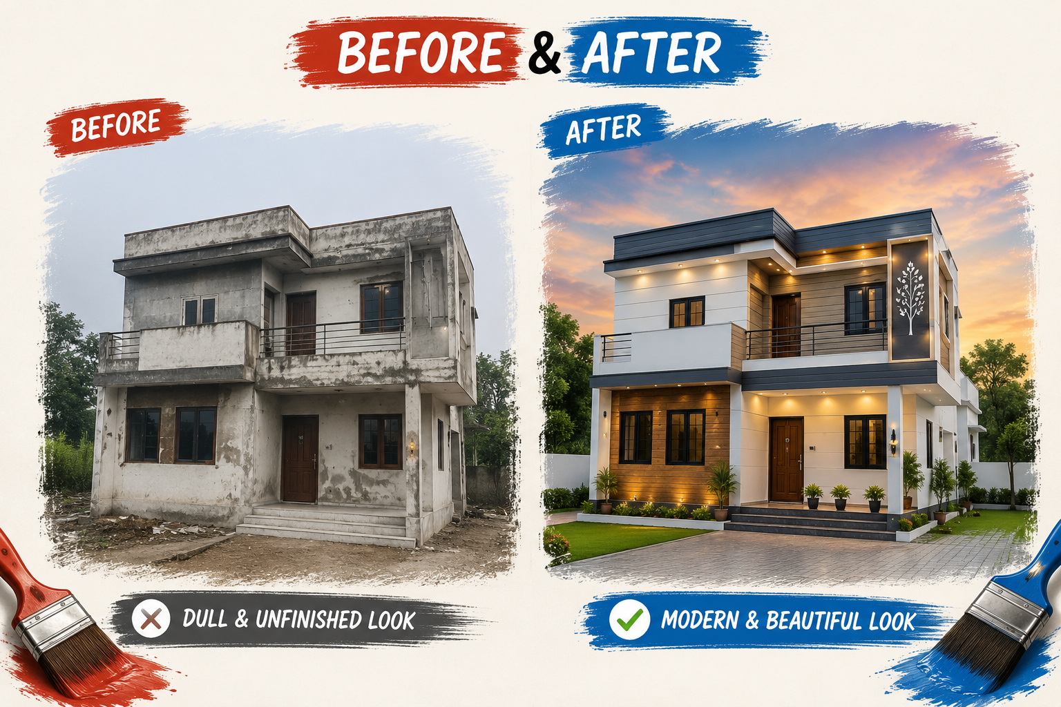 Before and after: dull unfinished construction transformed into a modern, beautifully painted home